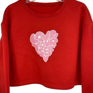 Womens Schein Red Crop Sweatshirt Graphic Love Yourself Long Sleeve Crew 1975